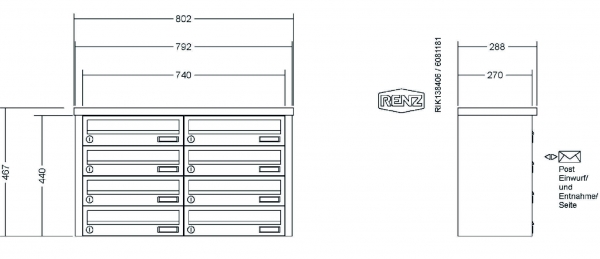 RENZ Briefkastenanlage Aufputz, Tetro, Edelstahl V4A, Kastenformat 370x110x270mm, 8-teilig